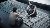 collage long_hair jeans couple sitting shrunken_woman shrunken_man computer laptop keyboard