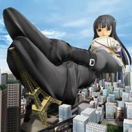 giantess city mega black_hair long_hair destruction blue_eyes soles boots unknown_artist sitting foot_crush skyscraper tower skyscraper_view digital_render