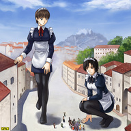 drawing city color omc short_hair kneeling people giantesses maid_uniform clouds sky omg