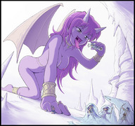 karbo vore wings hand demoness pinned swallowed ankle_bracelet bracelet purple_skin horn purple_wings