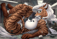 breasts drawing growth giantess white_hair furry tail tiger color destruction indoors ripped_clothing sabretooth outgrowing_room