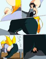 drawing giantess crush comic color butt handheld butt_crush huge_breasts shrunken_men bbw hand cat_girl pinned fox_girl cat_boy trinity-fate62 between_breasts