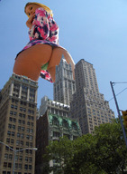 giantess collage city upskirt blonde butt clothed sky sunny point_of_view looking_at_viewer behind_view