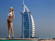 giantess collage city blonde legs sky sunny looking_at_viewer