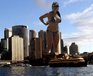 collage city mega black_hair swimsuit water boats clouds sky cap