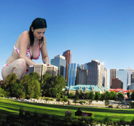 giantess collage city black_hair swimsuit kneeling sky