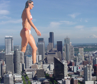 collage city mega swimsuit walking sunglasses skyscrapers clouds sky sunny