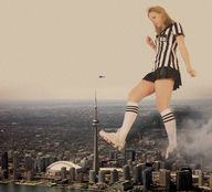 collage city mega blonde destruction helicopter looking_down tower short_skirt daisy_may raised_foot referee