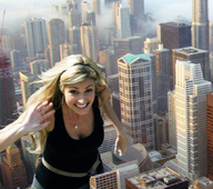 giantess collage city blonde smiling skyscrapers waving black_top looking_at_viewer builidngs