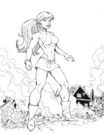 drawing giantess mega destruction high_heels anime giganta ponytail dress boots smoke fist ruins earrings belt debris dc_comics bare_legs