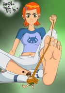 drawing giantess feet color barefoot soles domination red_hair bondage shrunken_men fanart cartoon rope captured prisoner gwen_tennyson ben_10 looking_at_tiny ben_tennyson cartoon_network hair_pin
