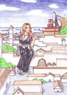 drawing gentle giantess bleach city color large_breasts long_hair cleavage buildings red_hair unknown_artist sitting clouds sky black_dress source_needed rangiku_matsumoto