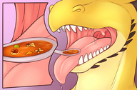 drawing micro vore anthro color tongue saliva lizard shrunken_people sheela in_food soup sharp_teeth