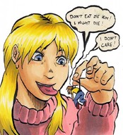 vore blonde color blue_eyes shrunken_men worship sibling between_fingers hanging_on picked_up