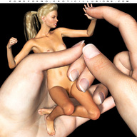 giantess nude blonde long_hair handheld ponytail hand shrunken_woman pharmakos_chroster pomo_porno digital_render