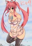 breasts drawing giantess crush mega color long_hair destruction breast_crush stockings pink_hair pigtails cat_girl japanese_text toka between_breasts
