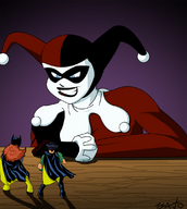 drawing giantess vore color harley_quinn shrunken_men robin shrunken_woman mask batgirl cape clown_makeup