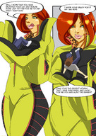 drawing giantess comic color clothed handheld green_eyes giganta red_hair shrunken_men costume jumpsuit dialogue dc_comics