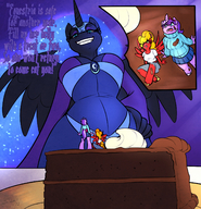 drawing giantess furry wings anthro color large_breasts long_hair blue_eyes clothed green_eyes blue_hair grinning low_angle cake blue_skin looming fangs shrunken_woman shrunken_man standing sheela tinies point_of_view commission dialogue purple_skin my_little_pony horn nightmare_moon emberbolt hand_on_hips red_skin cutaway jsk244 looking_at_tinies lavender_shimmer ethereal_hair pixel86