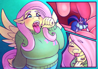 drawing vore furry blushing tail wings anthro color large_breasts long_hair tongue blue_eyes clothed handheld pink_hair uvula mawshot shrunken_woman standing swallowed sweater voluptuous sheela commission panels my_little_pony fluttershy horn twilight_sparkle throat_bulge looking_at_tiny multicolored_hair jsxeno cutaway one_eye_covered cutie_mark