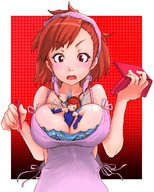 breasts drawing giantess micro blushing color cleavage red_eyes huge_breasts fairy red_hair unknown_artist surprised hand shrunken_woman devil survivor yuzu tanikawa yuz makeup devil_survivor nintendo_ds bandanna shin_megami_tensei stylus between_breasts