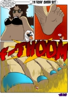 breasts drawing giantess crush feet mega comic color swimsuit destruction beach barefoot soles foot_crush hand sunglasses english under_foot nail_polish machine83