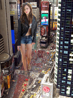 giantess collage city mega traffic brunette smiling legs shorts sunglasses people emma_watson new_york_city docop times_square