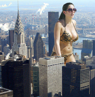 giantess collage city swimsuit unknown_artist walking sunglasses skyscrapers between_buildings skyscraper_view