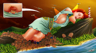 drawing giantess city mega sleeping color destruction red_hair unaware mountains edlouiearts