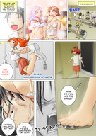 drawing giantess crush feet comic color barefoot shoes red_hair shrunken_man under_foot changing