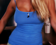 breasts collage blonde shrunken_man tan hanging_on