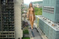 breasts giantess collage legs walking open_shirt streets vehicles cf iga_wyrwal between_buildings rooftop_view looking_ahead