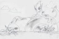 breasts drawing giantess pokemon furry monochrome huge_breasts island
