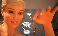 blonde smiling story shrunken_men face shrunken_woman captured jessi_and_vicky between_fingers hanging_on tiny_mk looking_at_tiny digital_render