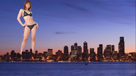 collage city mega swimsuit ocean asian unknown_artist skyscraper looking_at_viewer evening waterfront city_lights