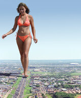 giantess collage feet swimsuit barefoot walking looking_down foot_print highway vehicles hedin suburbs crushed_car