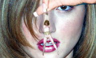collage blonde bondage face shrunken_woman spawngts hanging_on looking_at_tiny