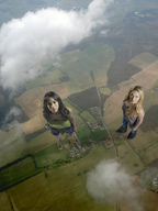 giantess collage mega blonde black_hair clothed high_angle giantesses clouds garcia_accasbel looking_at_viewer above_view