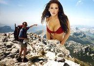 giantess collage long_hair bra brunette unknown_artist mountains bikini_top looking_at_viewer pointing hiker