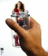 collage blonde handheld hand shrunken_woman entrapment captured jar rubber_apex