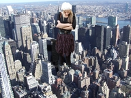 giantess collage city blonde bridge clothed unknown_artist looking_down skyscraper standing river aerial_view between_buildings white_hat hipster