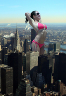 giantess collage city bridge brunette unknown_artist skyscraper sunglasses river stretching roof_top_view ping_bikinis