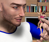 long_hair handheld brunette hand shrunken_woman indoors pudas beard mustache rough_hands digital_render