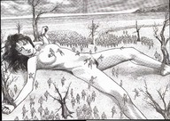 breasts drawing giantess nude monochrome black_hair beach ocean military bondage captured tress soldiers coastline