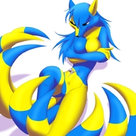 drawing gentle furry color large_breasts blue_eyes lying_down mouse_boy fox_girl eyeofcalamity arms_crossed sitting_on_belly no_background looking_at_tiny