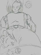 breasts drawing giantess monochrome anime jodagee shrunken_men android_18 hand dragon_ball reaching pen_paper point_of_view belt looking_at_tiny