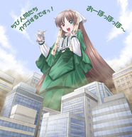 drawing giantess city color long_hair handheld anime airplane over_buildings green_outfit