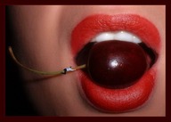 collage teeth shrunken_men shrunken_man close_up red_lips cherry holding_on cherry_stem