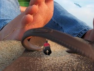 collage feet barefoot shrunken_man sand flip_flops magmag giantess_feet looking_at_foot