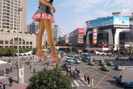 giantess collage city unknown_artist nylons walking shrunken_people streets vehicles platforms bicycles mini_skirt